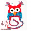 Owl Crochet Costume Hat (Red/Blue)